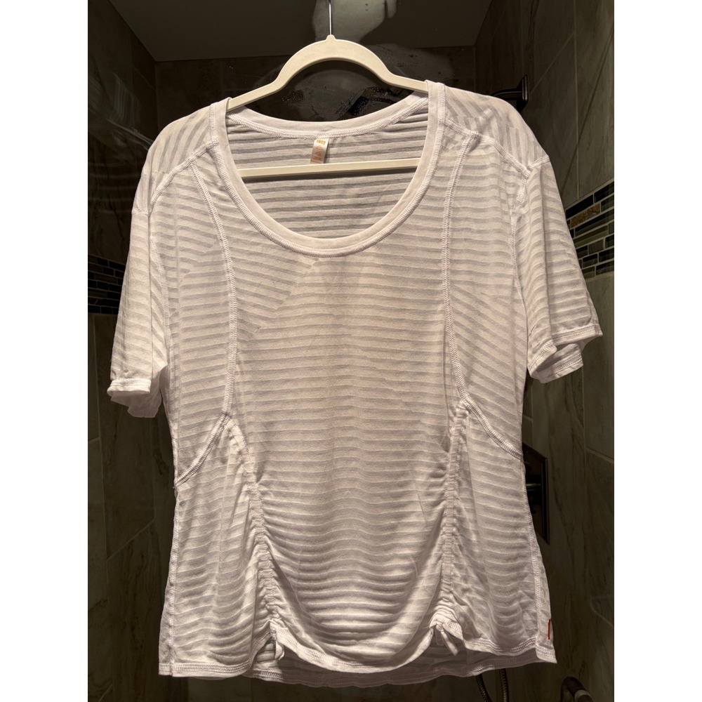 Lucy Womens XL White Burnout Stripe Cinched Side Activewear T-Shirt Yoga Top